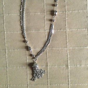 Women's long necklace silver tone metal chains beads multilayered 21"